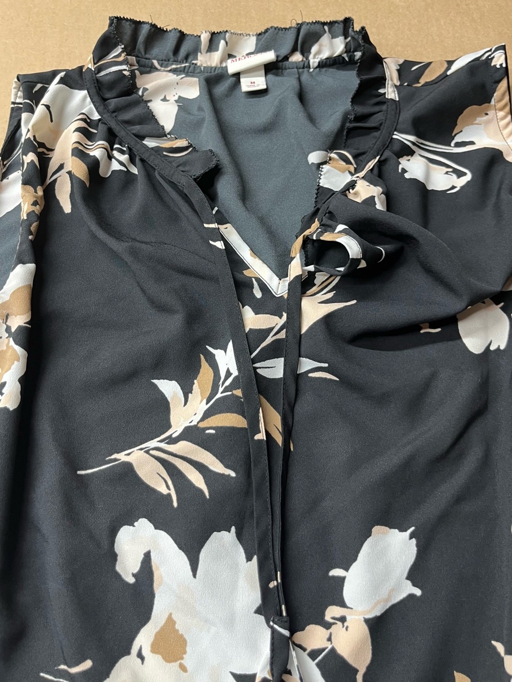 Merona Black Floral Ruffle V-Neck Blouse with Cream and Tan Accents